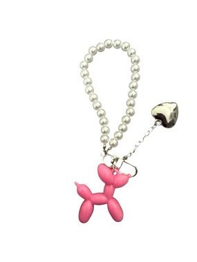 Pink Balloon Dog Keychain with Pearl Loop and Heart Charm